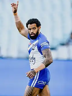 A picture of Australian rugby league player Josh Addo-Carr at a 2022 NRL match just before kickoff