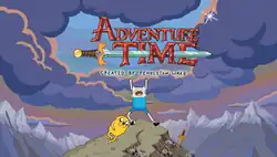 The image depicts a cartoon boy posing on the top of a mountain. A dog is at his feet.