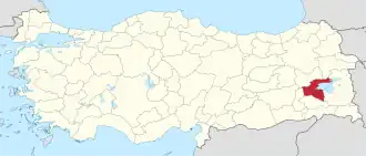 Bitlis highlighted in red on a beige political map of Turkeym