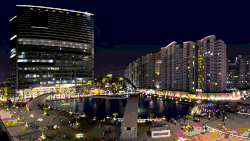 WTCB (left) and Brigade Gateway Apartments(right) at nighttime