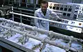 Wool scouring in the machine, technician monitoring wool scouring process
