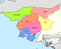 A map showing the sectors of Guinea-Bissau; Bula is on the far right in yellow.