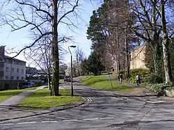 The view up Millhill Lane from Elvet Hill Road, with Van Mildert College on the left