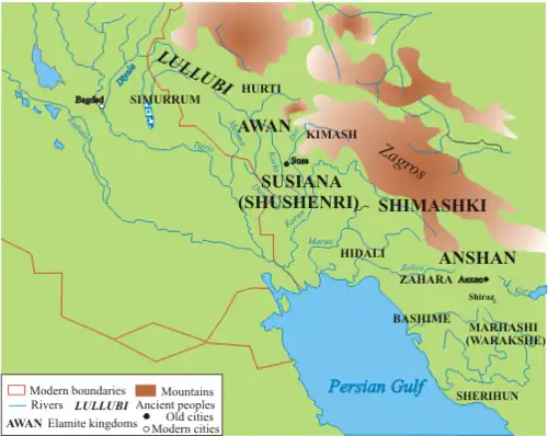 A map of the Near East detailing various ancient regions that may have been occupied by the Elamites c. 3500&nbsp;– c. 2000 BC. Included are the regions of Bashime, Marhasi, Shimashki, Lullubum, Simurrum, Anshan, Awan, Susiana, Hidali, Hurti, Kimash, Sherihun, and Zahara.