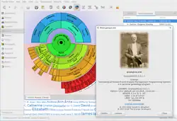 Screenshot of Gramps (v.5.0.1) with its fan chart and the Given name cloud gramplet on the bottom.