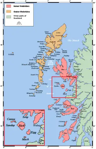 A map of the Small Isles, showing their location in the Hebrides.