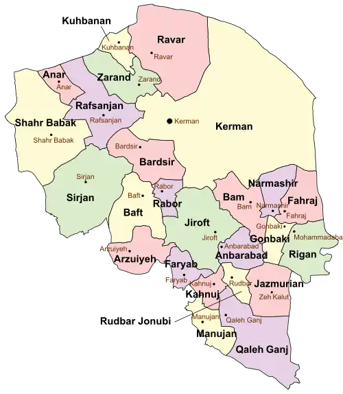 Location of Baft County in&nbsp;Kerman&nbsp;province (center&nbsp;left,&nbsp;yellow)