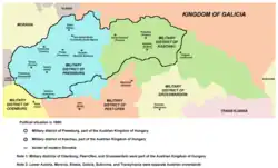 Image 5A map of the northern part of the Habsburg Kingdom of Hungary in 1850, showing the two military districts which had administrative centres in the territory of present-day Slovakia (from History of Slovakia)