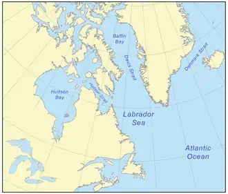 Map of water bodies in northeastern Canada, including Baffin Bay and the Labrador Sea, which occupy basins created by the Canadian Arctic Rift System.