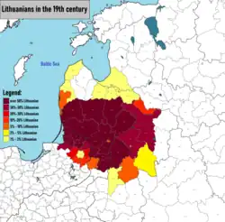Image 4Distribution of ethnic Lithuanian population during the 19th century over 50% Lithuanian 30% – 50% Lithuanian 20% – 30% Lithuanian 10% – 20% Lithuanian 5% – 10% Lithuanian 3% – 5% Lithuanian 1% – 3% Lithuanian (from History of Lithuania)