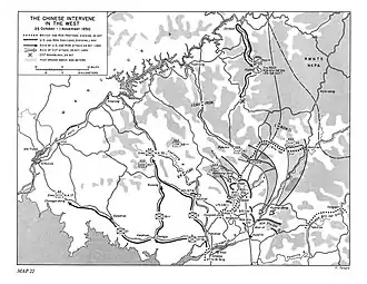 A map of Northwest Korea with arrows pointing towards Unsan and Kunu-ri