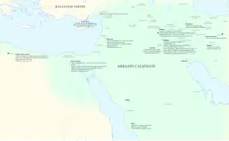 Map of the Middle East with brief descriptions of events associated with the mihna