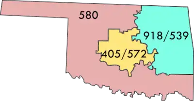 Map of Oklahoma with area code boundaries