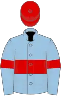 Light blue, red hoop, armlets and cap