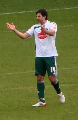Rory Fallon of Plymouth Argyle F.C. in a Ginsters sponsored shirt