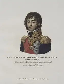 Painting shows a curly-haired man wearing a blue military uniform with gold epaulettes, gold lace and a red sash.
