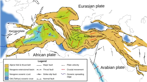 Image 49Tectonic map of southern Europe and the Middle East, showing tectonic structures of the western Alpide mountain belt (from Alpine orogeny)