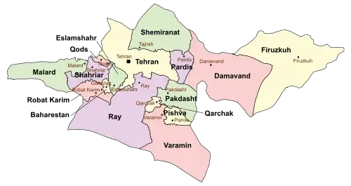 Location of Pardis County in Tehran province (top, purple)